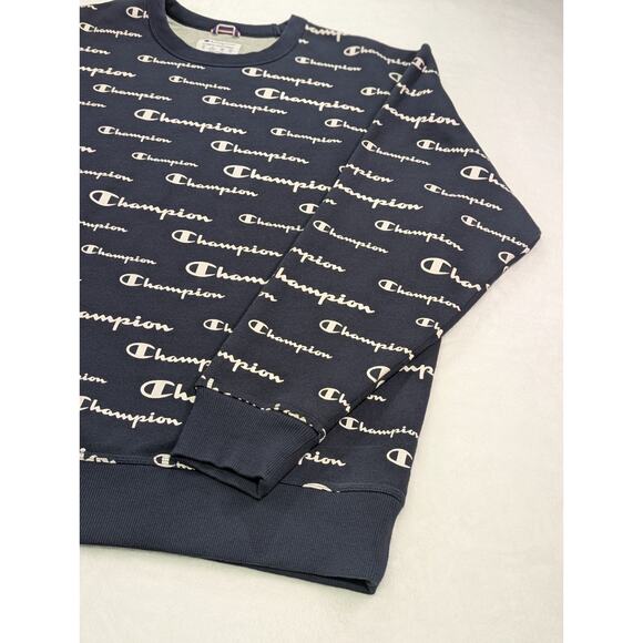 Champion Navy All-Over Script Logo Crewneck Sweatshirt Size 2XL - Picture 4 of 12